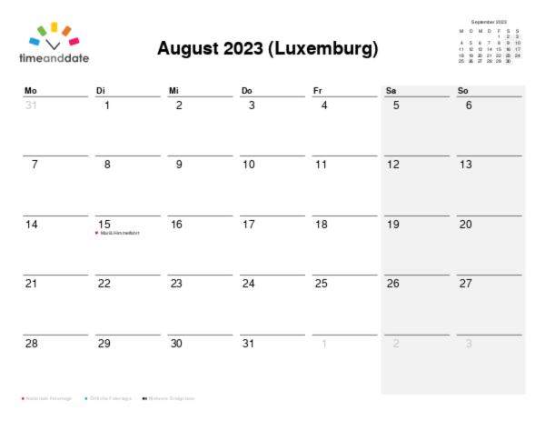 Kalender für 2023 in Luxemburg