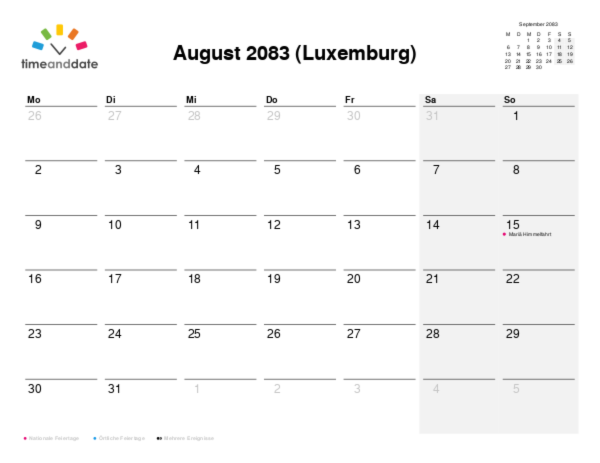 Kalender für 2083 in Luxemburg