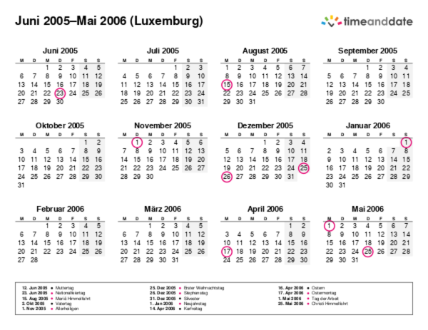 Kalender für 2005 in Luxemburg