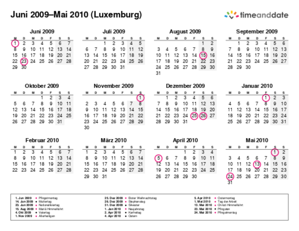 Kalender für 2009 in Luxemburg