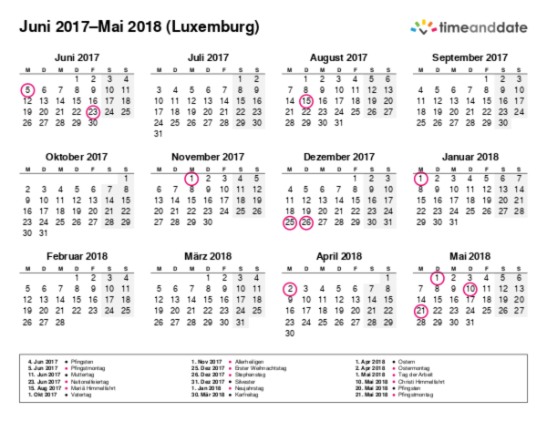 Kalender für 2017 in Luxemburg