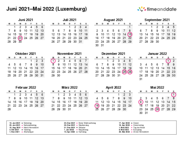 Kalender für 2021 in Luxemburg