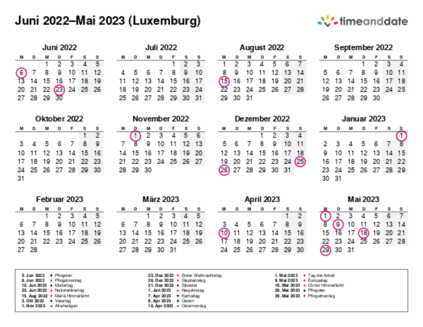 Kalender für 2022 in Luxemburg