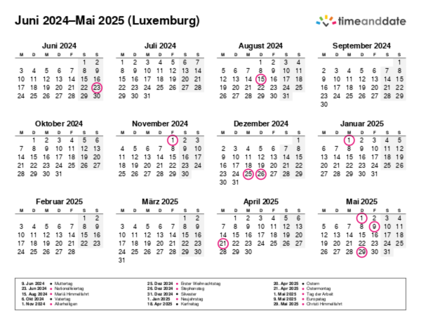 Kalender für 2024 in Luxemburg