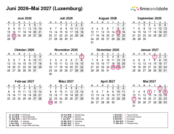 Kalender für 2026 in Luxemburg
