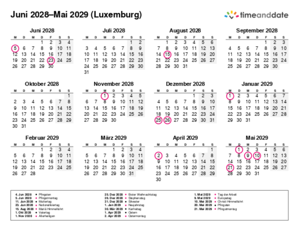 Kalender für 2028 in Luxemburg