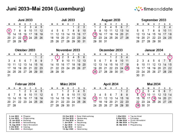 Kalender für 2033 in Luxemburg