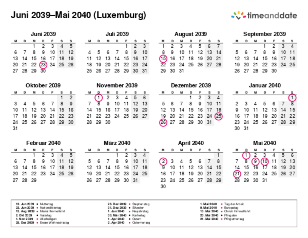 Kalender für 2039 in Luxemburg