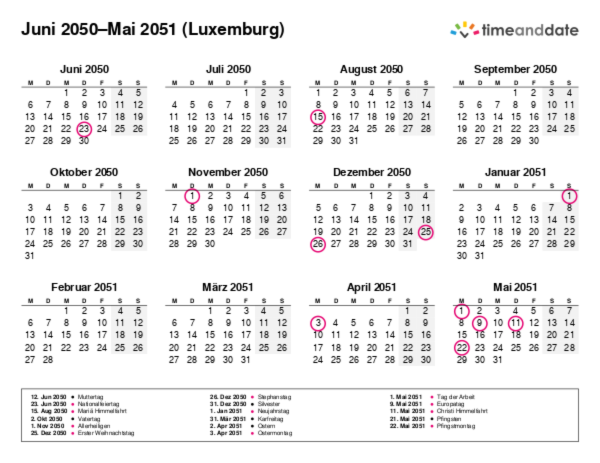Kalender für 2050 in Luxemburg