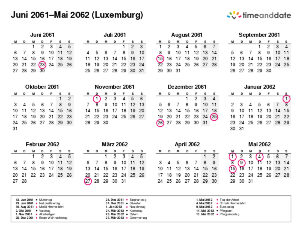 Kalender für 2061 in Luxemburg