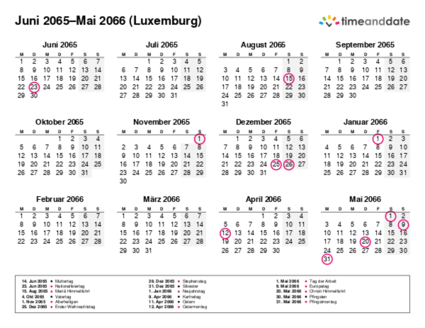 Kalender für 2065 in Luxemburg
