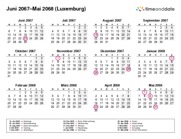 Kalender für 2067 in Luxemburg