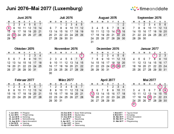 Kalender für 2076 in Luxemburg