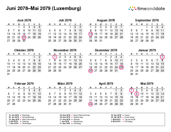 Kalender für 2078 in Luxemburg