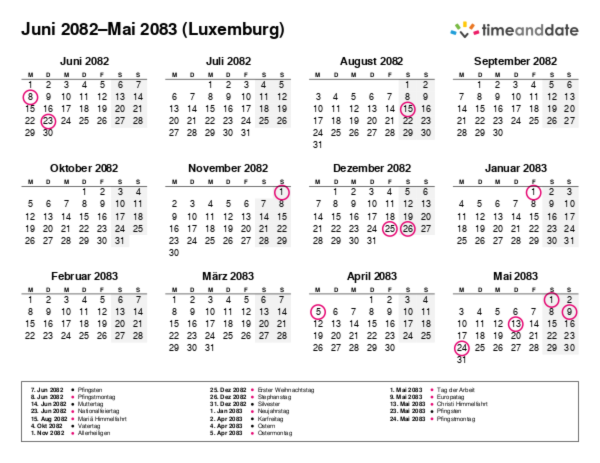 Kalender für 2082 in Luxemburg