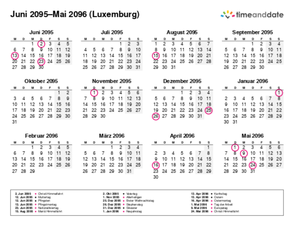 Kalender für 2095 in Luxemburg