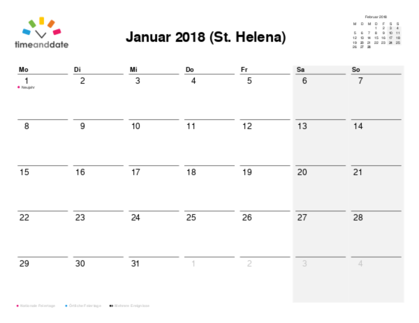 Kalender für 2018 in St. Helena