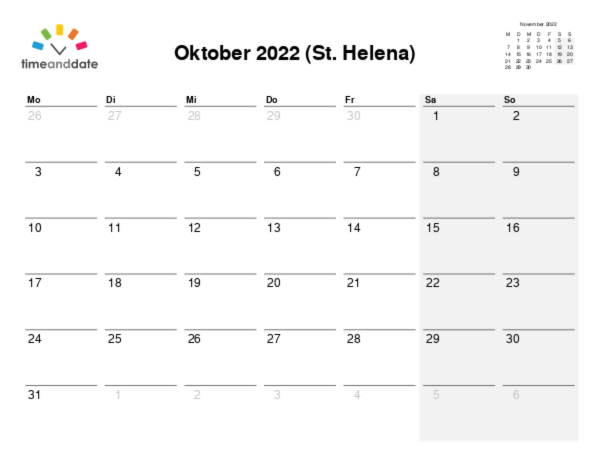 Kalender für 2022 in St. Helena