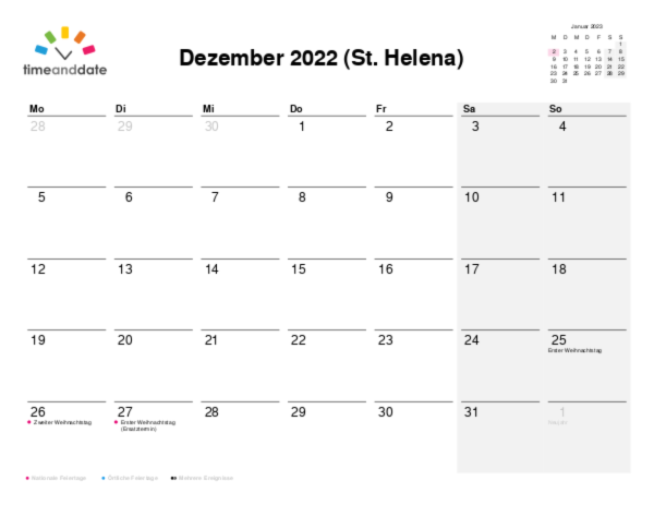 Kalender für 2022 in St. Helena