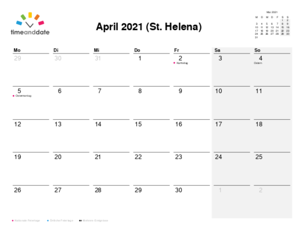 Kalender für 2021 in St. Helena