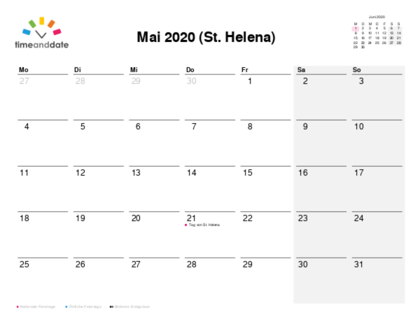 Kalender für 2020 in St. Helena