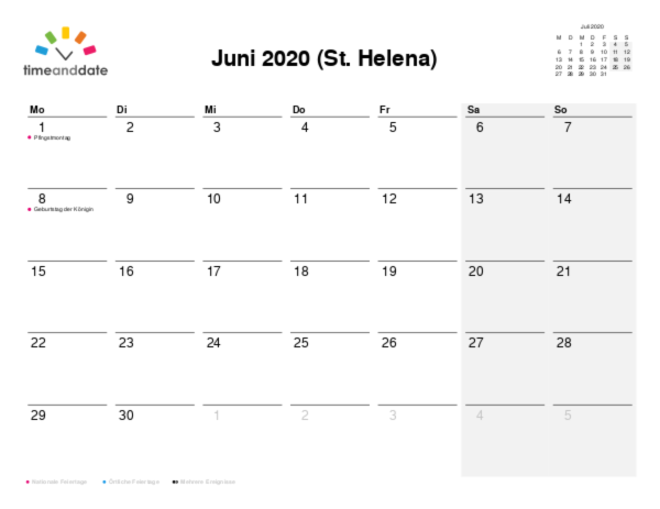 Kalender für 2020 in St. Helena