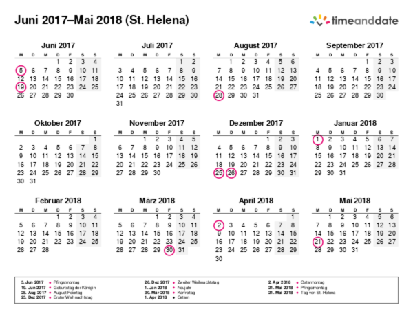 Kalender für 2017 in St. Helena