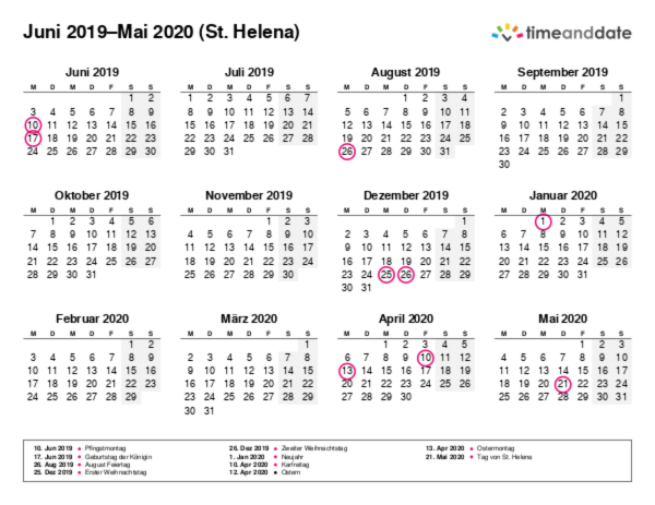 Kalender für 2019 in St. Helena
