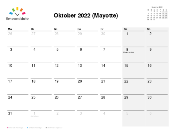 Kalender für 2022 in Mayotte
