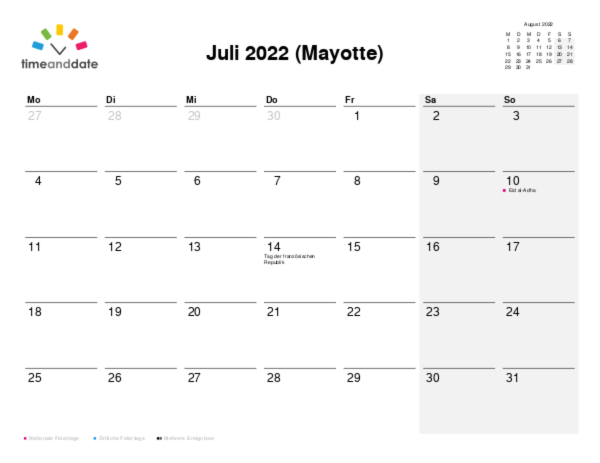 Kalender für 2022 in Mayotte