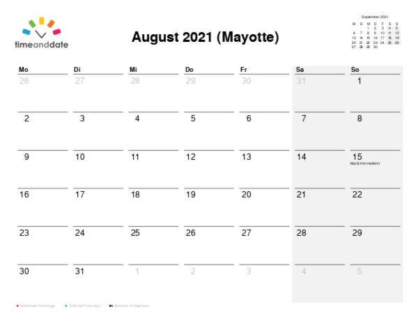 Kalender für 2021 in Mayotte