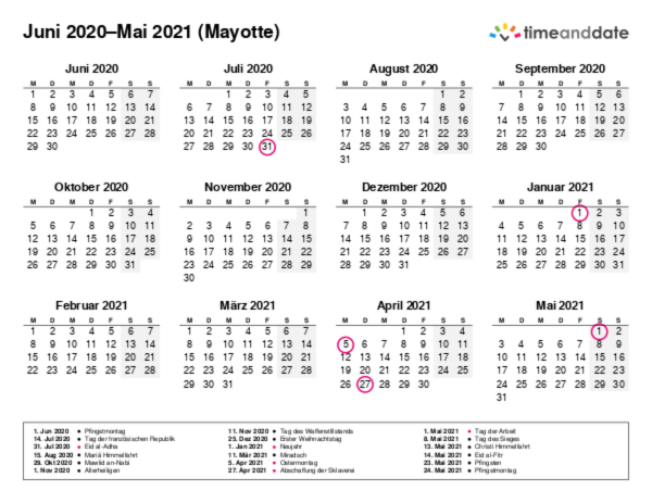 Kalender für 2020 in Mayotte