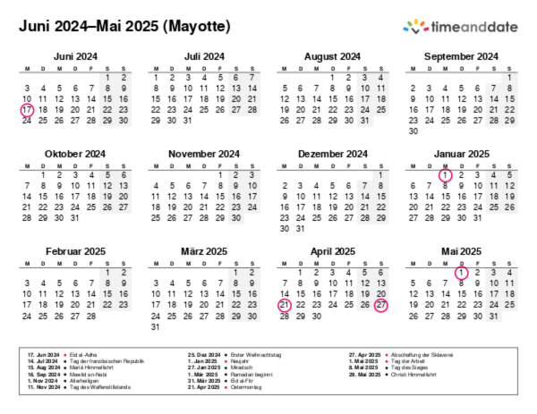 Kalender für 2024 in Mayotte