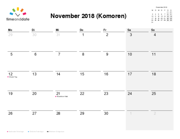 Kalender für 2018 in Komoren