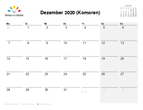 Kalender für 2020 in Komoren