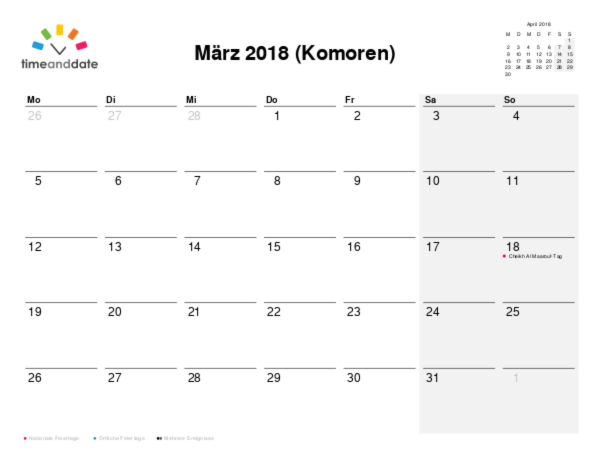 Kalender für 2018 in Komoren