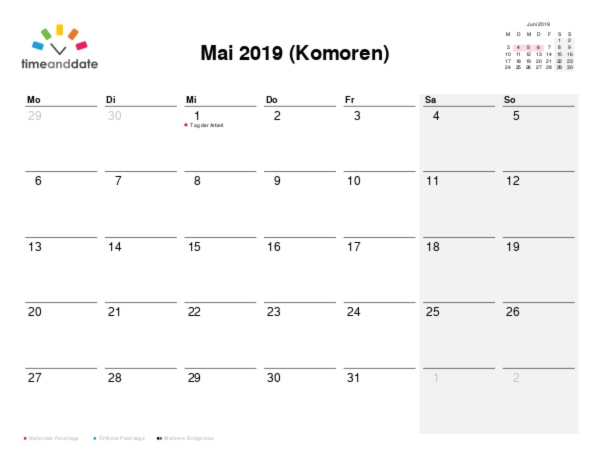 Kalender für 2019 in Komoren