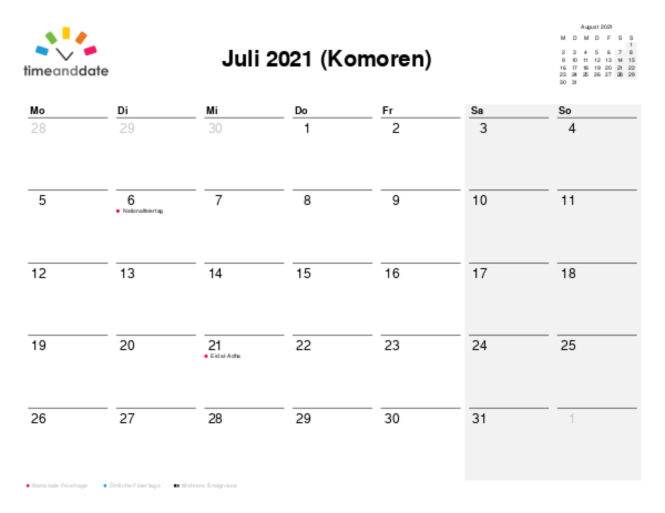 Kalender für 2021 in Komoren