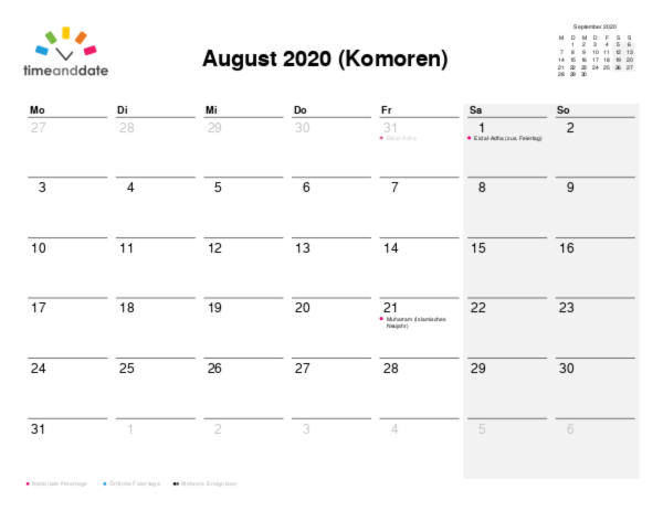 Kalender für 2020 in Komoren