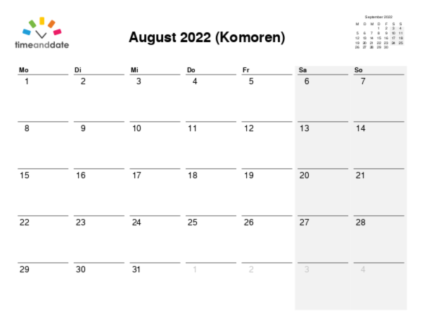 Kalender für 2022 in Komoren