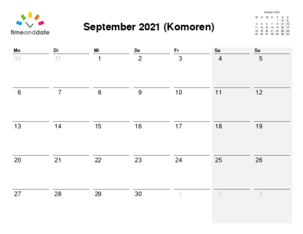 Kalender für 2021 in Komoren
