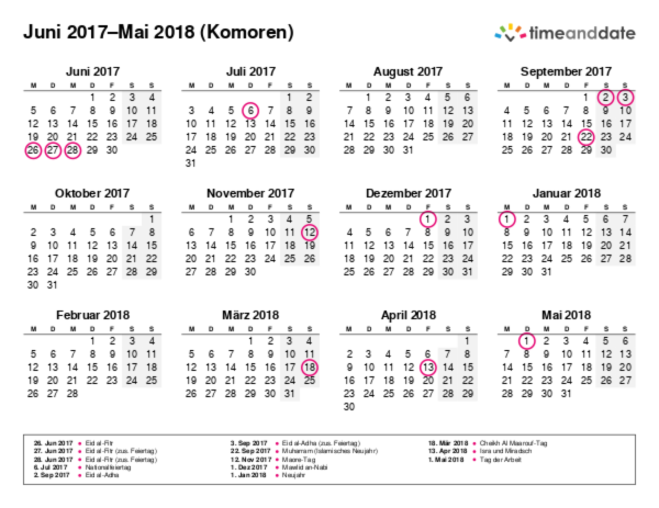 Kalender für 2017 in Komoren
