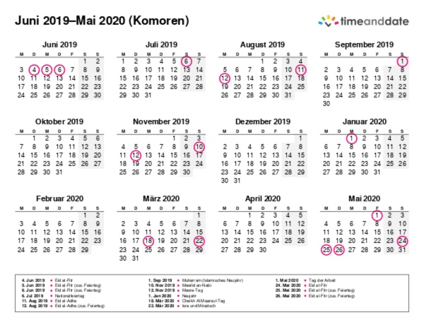Kalender für 2019 in Komoren