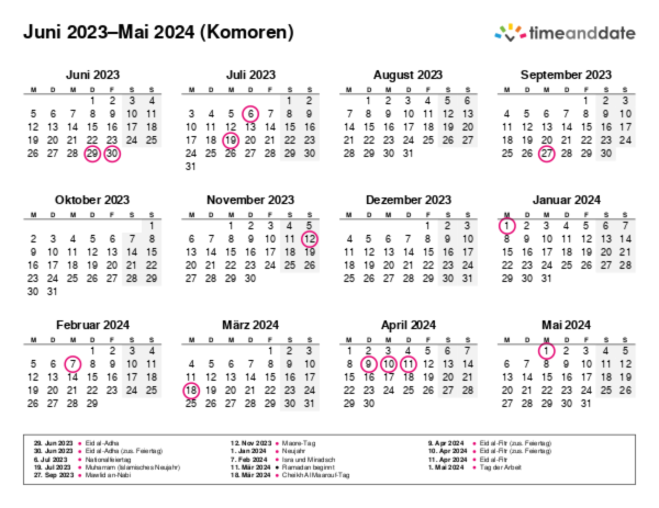Kalender für 2023 in Komoren