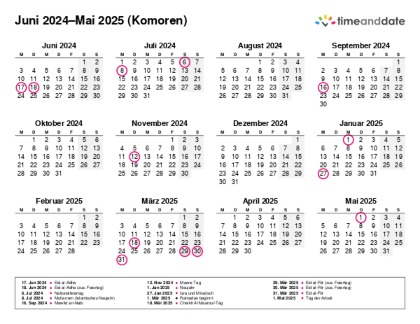 Kalender für 2024 in Komoren