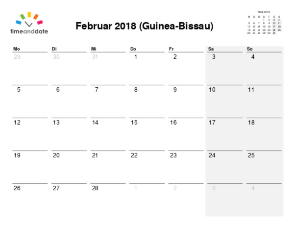 Kalender für 2018 in Guinea-Bissau
