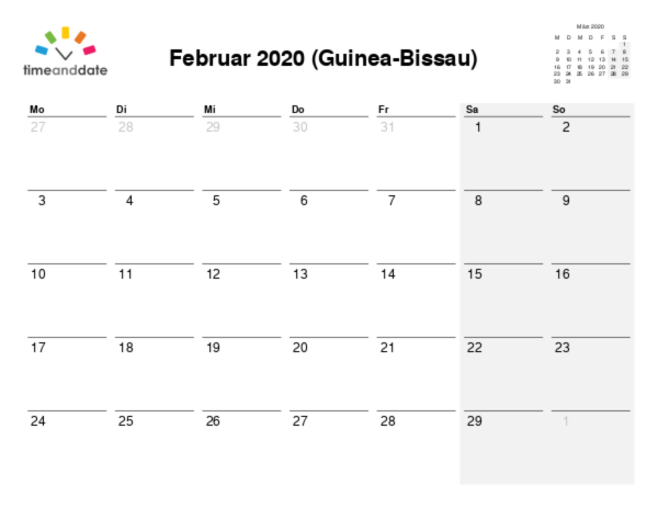 Kalender für 2020 in Guinea-Bissau