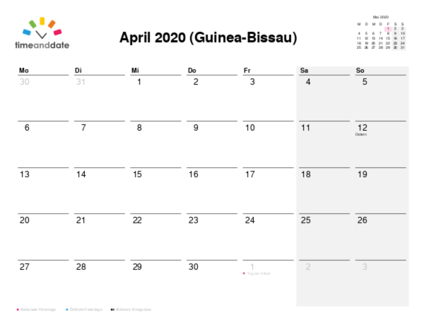 Kalender für 2020 in Guinea-Bissau