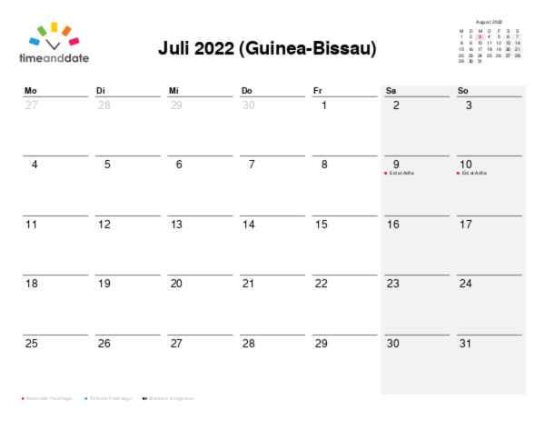 Kalender für 2022 in Guinea-Bissau