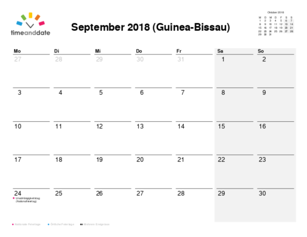 Kalender für 2018 in Guinea-Bissau